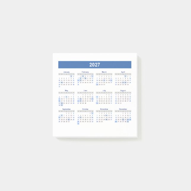 Notas Post-it® Calendario mensual 2027 versión azul (Anverso)