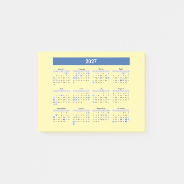 Notas Post-it® Calendario Mensual 2027 Versión Azul (Anverso)