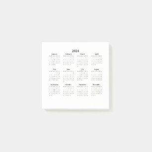 Notas Post-it® Calendario mensual de 2024 sobre blanco