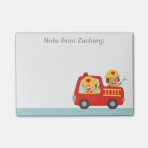 Notas Post-it® Camión de Bomberos Rojo con Niño Bombero y Cachorr
