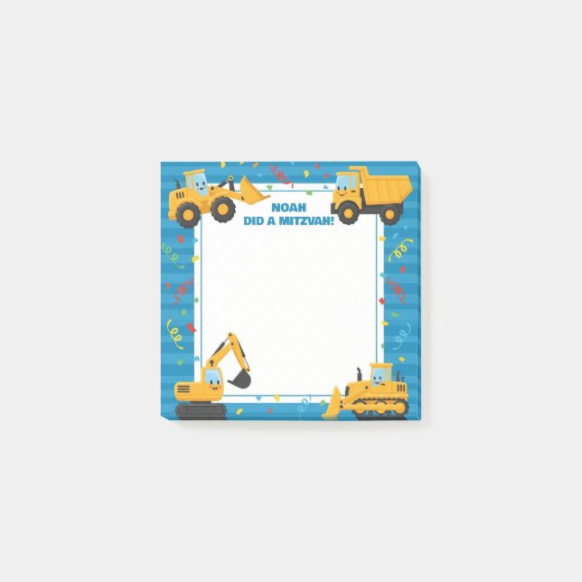 Notas Post-it® Camiones de Construcción Azules Mitzvah Personaliz (Anverso)