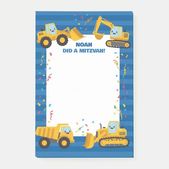 Notas Post-it® Camiones de Construcción Mitzvah Personalizados (Anverso)