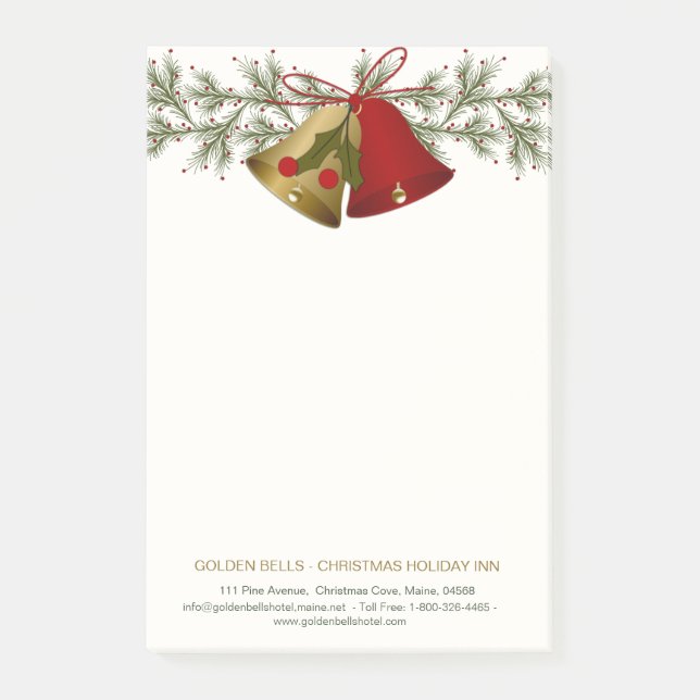 Notas Post-it® Campanas de Navidades rojos y dorados, holly y pin (Anverso)