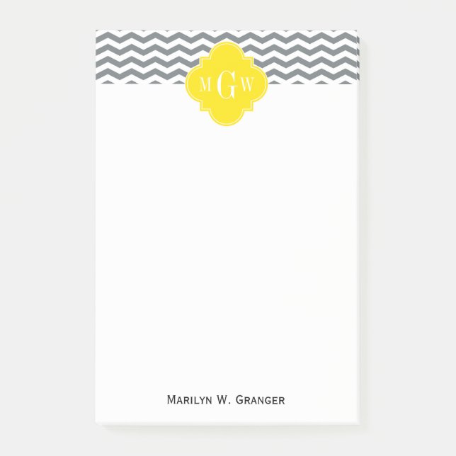 Notas Post-it® Carbón Chevron Delgado Quatrefoil amarillo 3 Monog (Anverso)