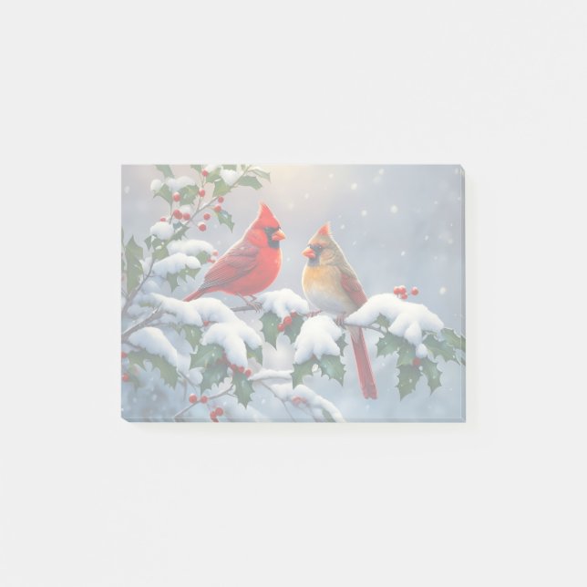 Notas Post-it® Cardenales rojos y Holly en la nieve (Anverso)