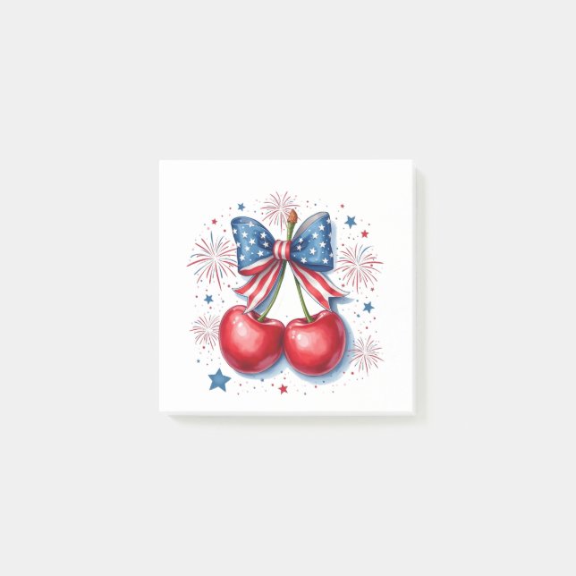 Notas Post-it® Cerezas con Coquette Bow 4 de Julio Americano (Anverso)