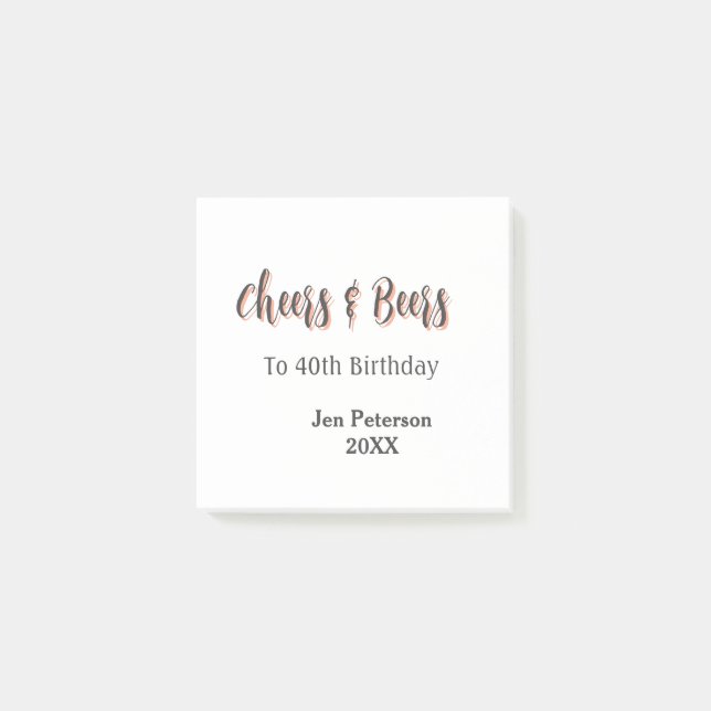 Notas Post-it® Cheers & beers to 40th birthday gray name year sin (Anverso)