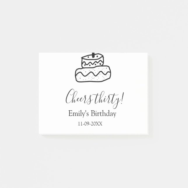 Notas Post-it® Cheers thirty birthday cake black scribble hand (Anverso)