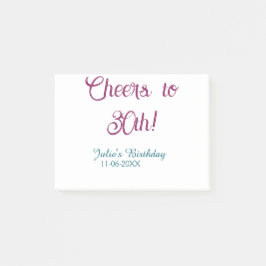Notas Post-it® Cheers to 30th birthday name date mauve blue elega