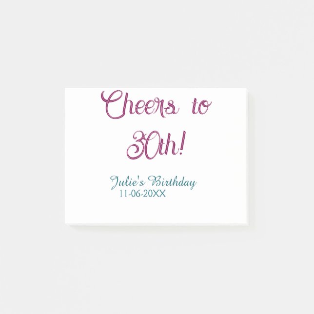 Notas Post-it® Cheers to 30th birthday name date mauve blue elega (Anverso)