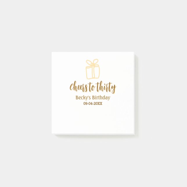 Notas Post-it® Cheers to thirty yellow brown birthday pastel gift (Anverso)