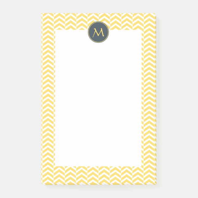 Notas Post-it® Chevron blanco y amarillo monograma con carbón veg (Anverso)