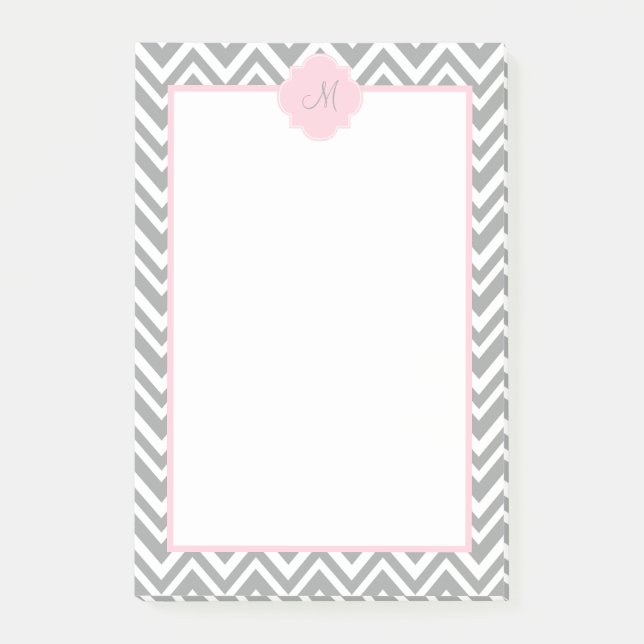 Notas Post-it® Chevron blanco y gris monogramo con rosa pastel (Anverso)