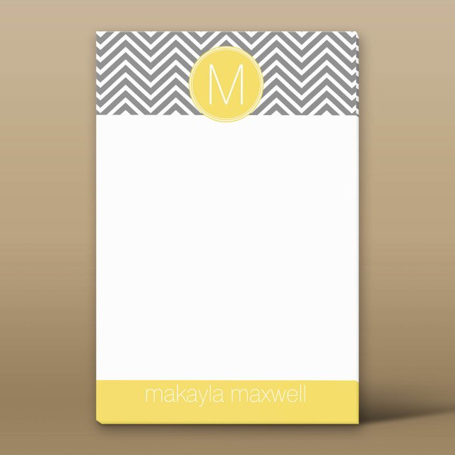 Notas Post-it® Chevrras grises y amarillas con monograma Personal (Custom Post-it Notepad)
