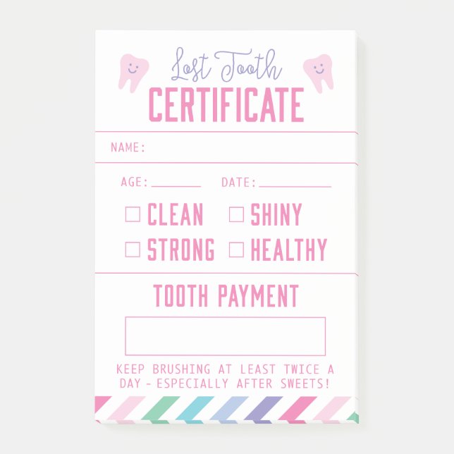 Notas Post-it® Chica del certificado Keepsake de hadas dental (Anverso)