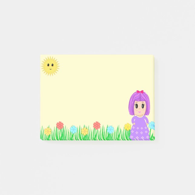 Notas Post-it® Chica linda, Sol, Flores & Césped (Anverso)