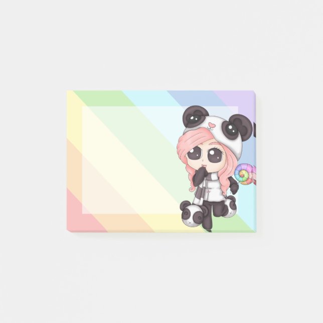 Notas Post-it® Chica lindo de la panda del animado del arco iris (Anverso)