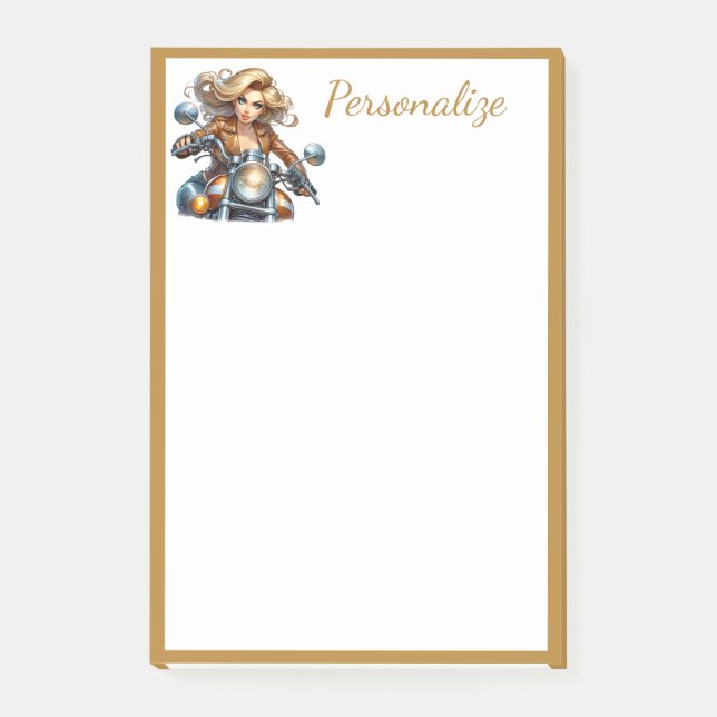 Notas Post-it® Chica Retro Glam Moto Borde Dorado Personalizable (Anverso)
