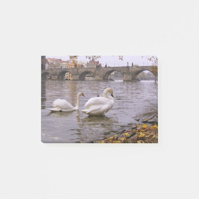 Notas Post-it® Cisnes y puente Carlos en Praga (Anverso)
