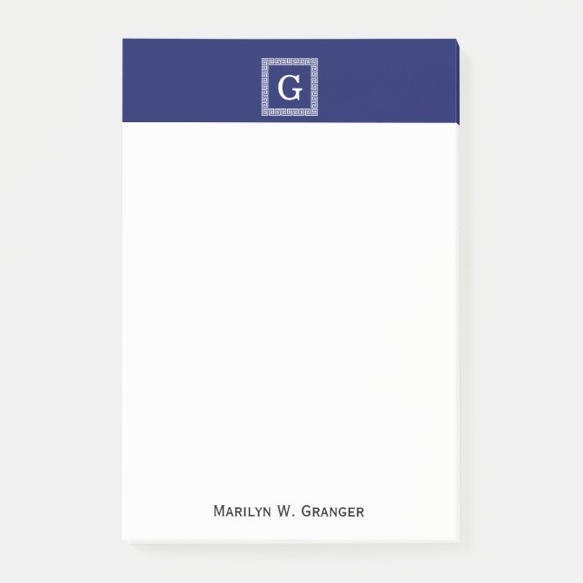 Notas Post-it® Clave griega blanca azul de la marina #1 Monograma (Anverso)
