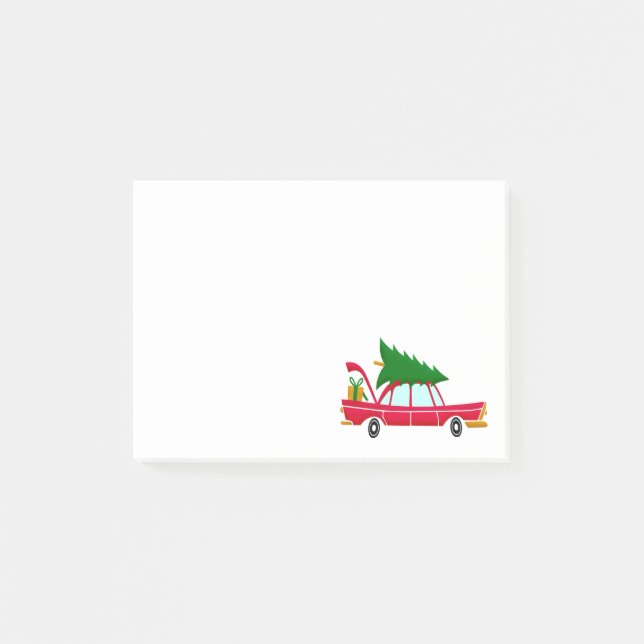 Notas Post-it® Coche rojo retro que lleva un árbol de Navidad (Anverso)