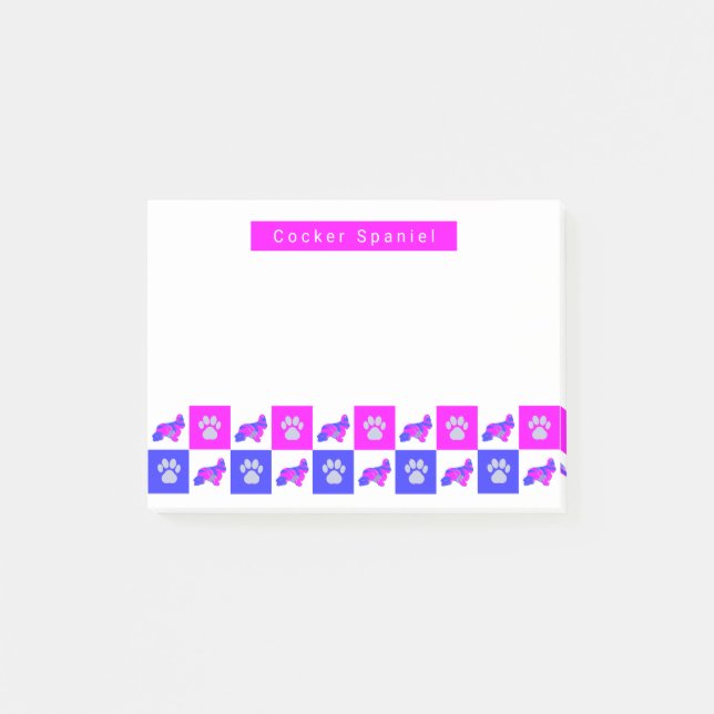 Notas Post-it® Cocker Spaniel Dog & Paw Hot Pink & Blue (Anverso)