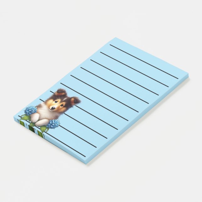 Notas Post-it® Collie Adorable con flores azules (En perspectiva)