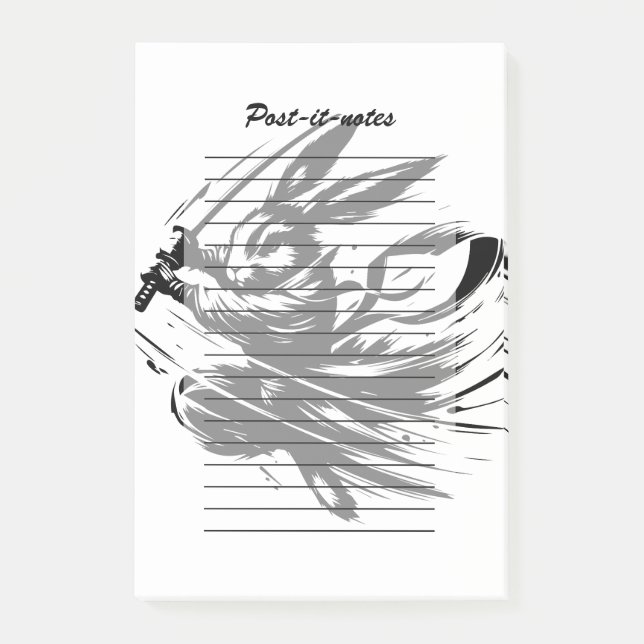 Notas Post-it® Conejo Samurái Guerrero de Tinta Negra (Anverso)