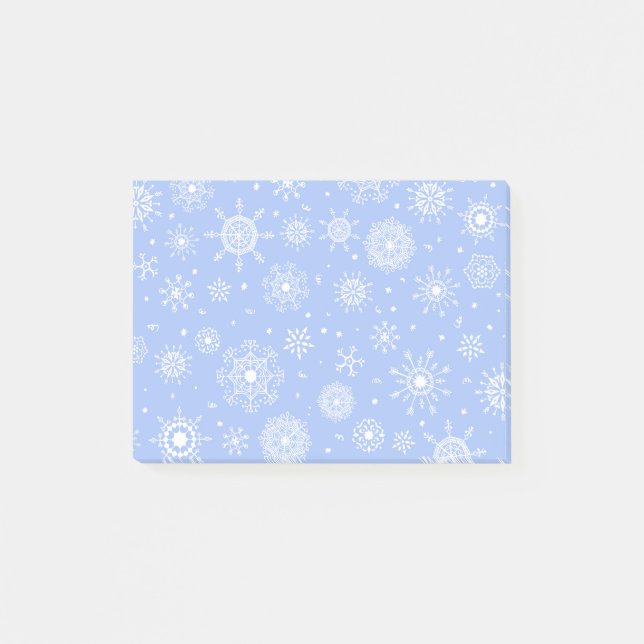 Notas Post-it® Copos de nieve blancos en azul (Anverso)