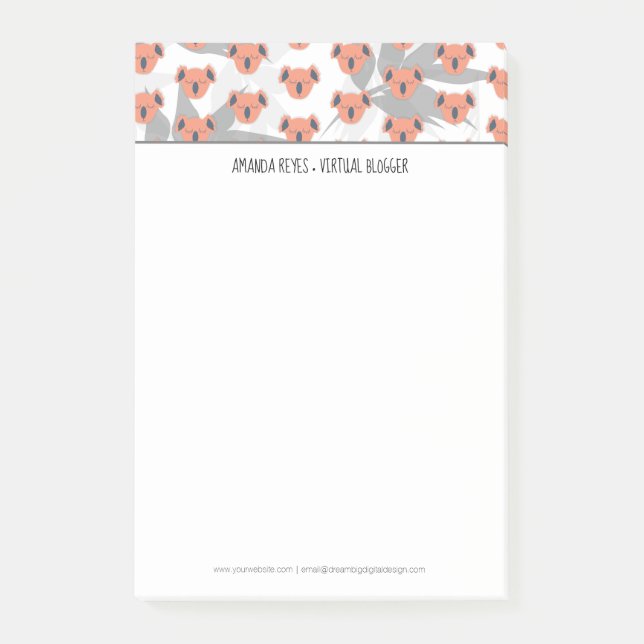 Notas Post-it® Coral moderno cute Koala y hoja tropical (Anverso)