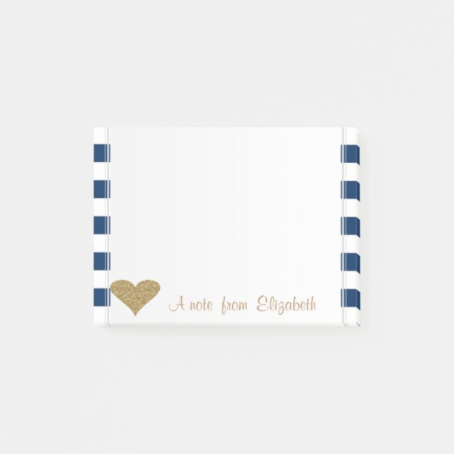 Notas Post-it® Corazón brillante adorable, rayas azul marino (Anverso)