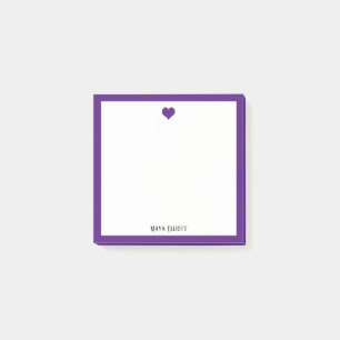 Notas Post-it® Corazón morado brillante y borde blanco con nombre