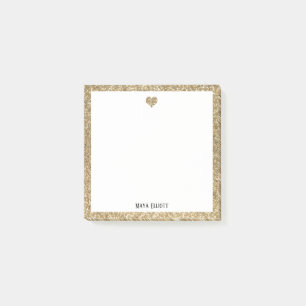 Notas Post-it® Corazón y borde de purpurina dorada falsa con blan