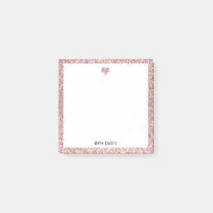 Notas Post-it® Corazón y borde Purpurina Rosa Gold Faux con blan