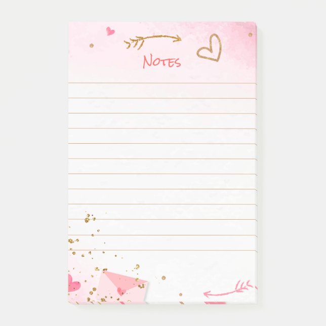 Notas Post-it® Corazones rosados y Purpurina de oro (Anverso)