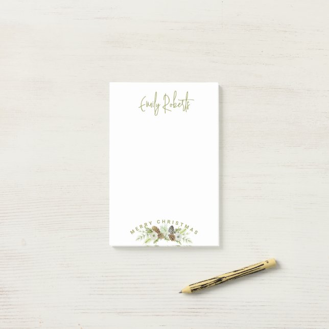 Notas Post-it® Corona de Navidad de Pinos Florales Verdes (Escritorio)