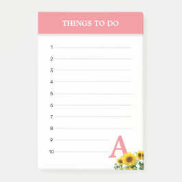 Notas Post-it® Cosas que hacer con monograma rosa coral y girasol