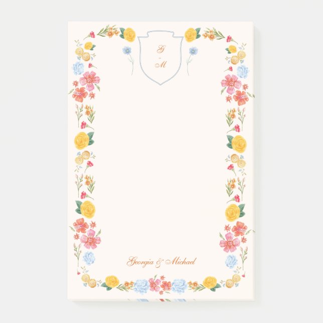 Notas Post-it® Crestal Floral Personalizado de Boda Monograma  (Anverso)