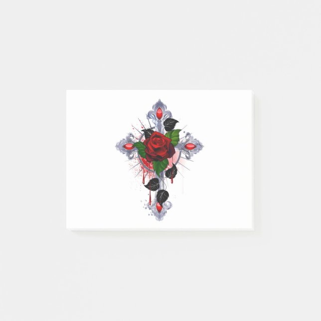 Notas Post-it® Cruz de Plata con una Rosa Roja (Anverso)
