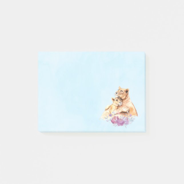 Notas Post-it® Cuidada acuarela madre león y cachorro (Anverso)