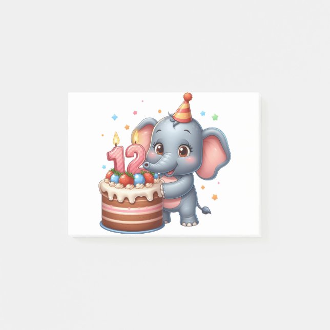 Notas Post-it® Cumpleaños 12 de elefante lindo (Anverso)