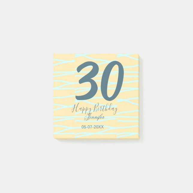 Notas Post-it® cumpleaños 30 añadir nombre fecha año amarillo azu (Anverso)