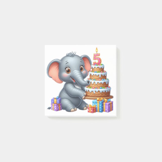 Notas Post-it® Cumpleaños 5 de elefante lindo (Anverso)
