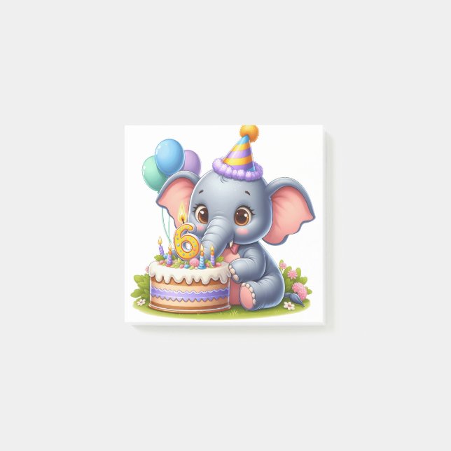 Notas Post-it® Cumpleaños 6 de elefante lindo (Anverso)