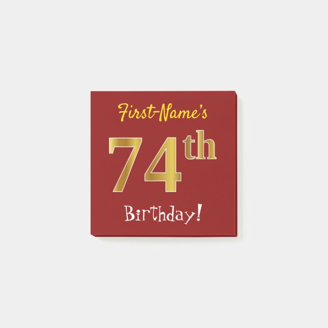 Notas Post-it® Cumpleaños 74, Rojo, Dorado Falso con Nombre Perso (Anverso)