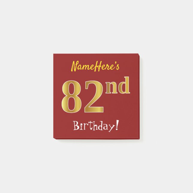 Notas Post-it® Cumpleaños 82 Rojo, Dorado Falso, Con Nombre Perso (Anverso)