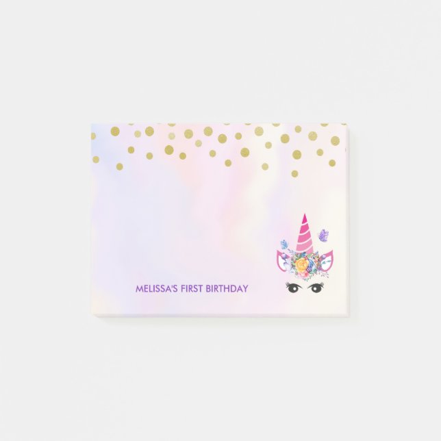Notas Post-it® Cumpleaños de Unicornio Rosa y Flores (Anverso)