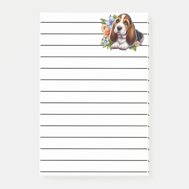 Notas Post-it® Cute Basset Hound Puppy Sentado con Flores (Anverso)