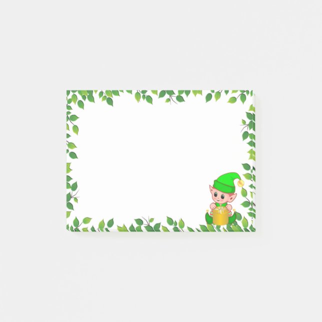 Notas Post-it® Cute Duende Verde & Marco de Hoja Verde (Anverso)