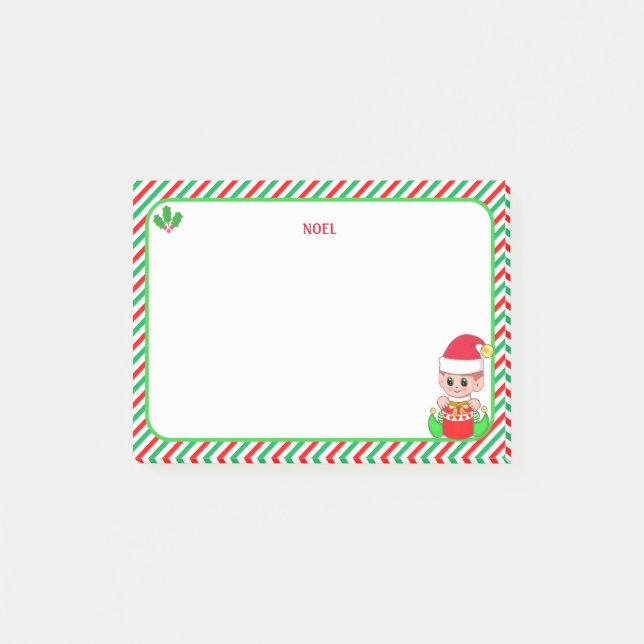 Notas Post-it® Cute Elfo de Navidad  & Marco Verde, Rojo y Blanco (Anverso)
